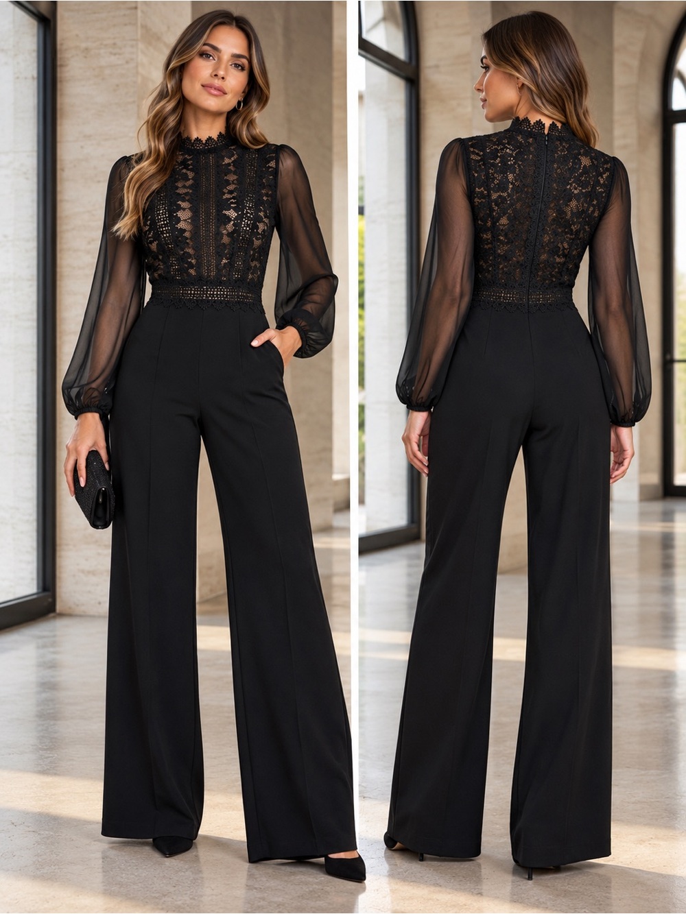 NWOT-Emprada Black Lace Sheer Long Sleeve Wide-Leg Jumpsuit — Size XXL
